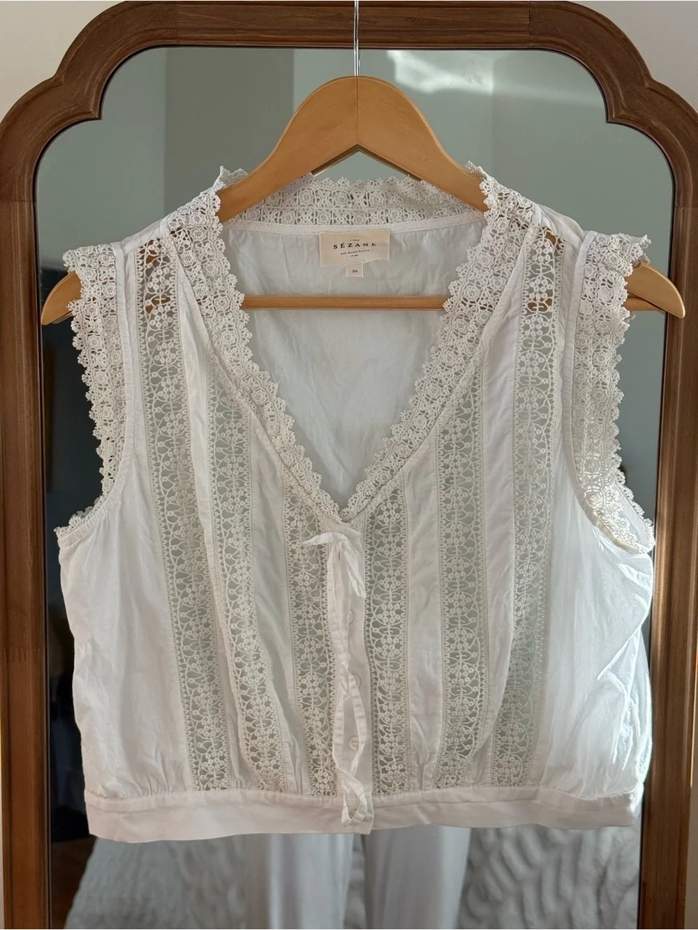 Sezane Ecru Lace-Trim Tie-Front Sleeveless Blouse - Picture 4 of 6